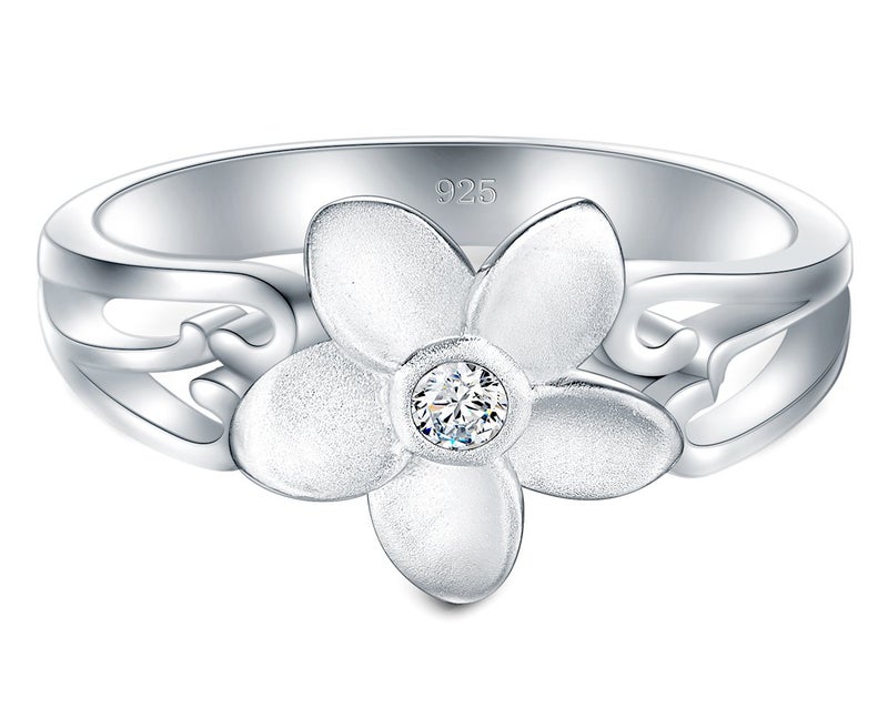 BORUO 925 Sterling Silver Ring, Plumeria Cubic Zirconia CZ Hawaiian Flower Comfort Fit Wedding Band Ring Size 10 - Image 2